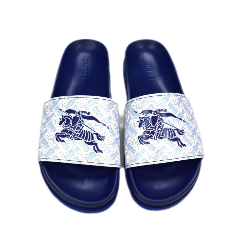 Burberry Royal Blue White TB Logo Size 12 Mens Leather Sole Slide Sandals